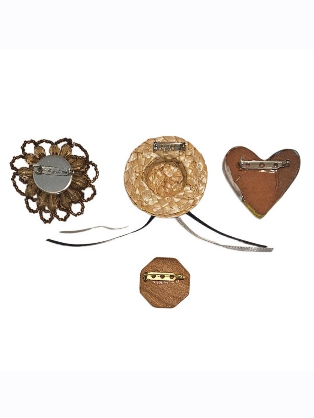 Handcrafted Brooch Bundle In Wood, Seed Beads, Clay & Natural Fiber